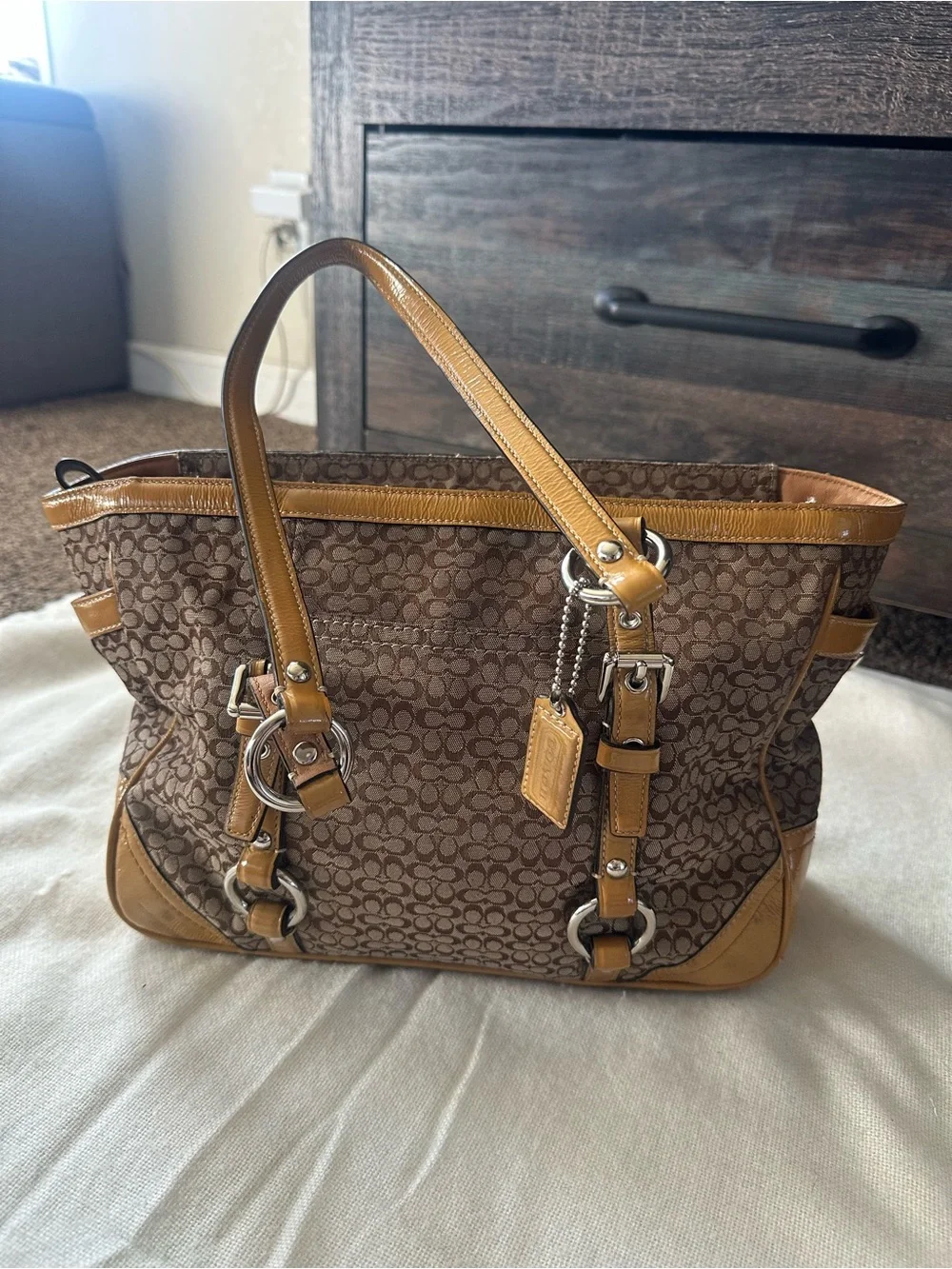 Coach Brown Signature Canvas Tote with Tan Leather Trim